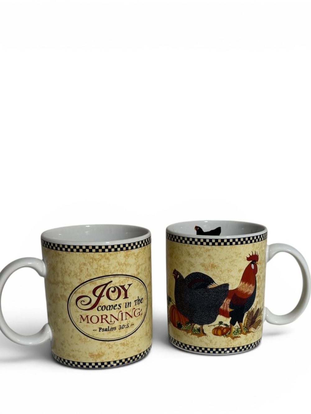 “Joy comes in the Morning” Rooster and Hen coffee cups 2 images on both-set of 2